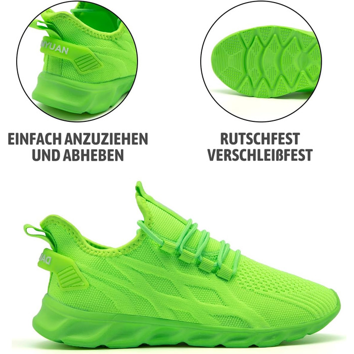 Чоловічі кросівки Linenghs для бігу, занять спортом та прогулянок. Легкі, дихаючі, чорні, з акцентами флуоресцентного зеленого (40 EU)