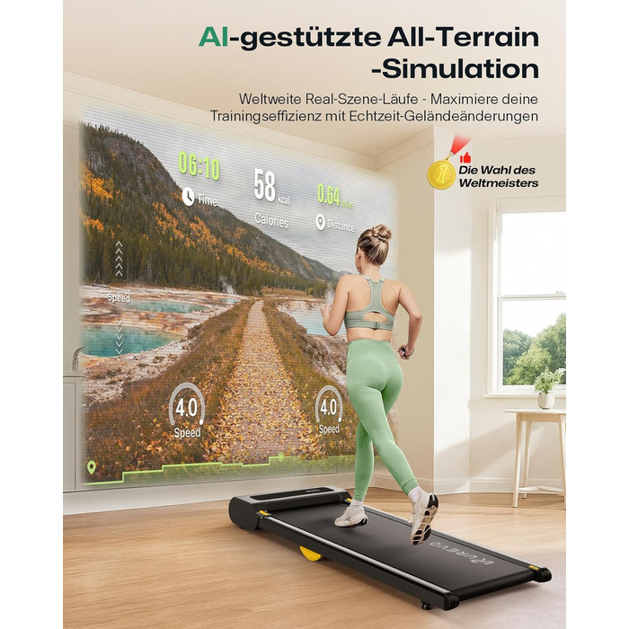 UREVO Smart Walking Pad - компактний тихий біговий тренажер з амортизацією, додаток для фітнесу, для дому/офісу, 2.5 PS (Чорний)