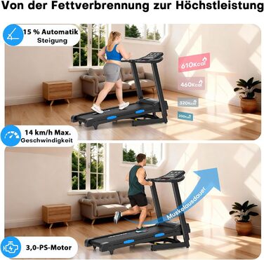 Бігова доріжка для дому складний з автоматичним нахилом, Walking Pad 14KM/H, біговий доріжка з 3.0-PS двигуном, 12 попередньо встановлених програм та фітнес-додаток, обладнання для фітнесу, вантажопідйомність 160Kg, чорний