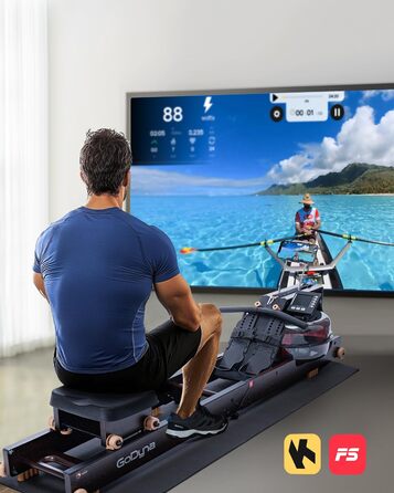Весловий тренажер GoDyna для дому, водяний, складаний, Bluetooth-дисплей, до 150 кг, знімна рукоятка, 360° ролики, килимок