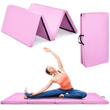 Мат гімнастичний COSTWAY 240x120x5 см, складаний, для йоги та фітнесу, рожевий, з липучкою та ручками