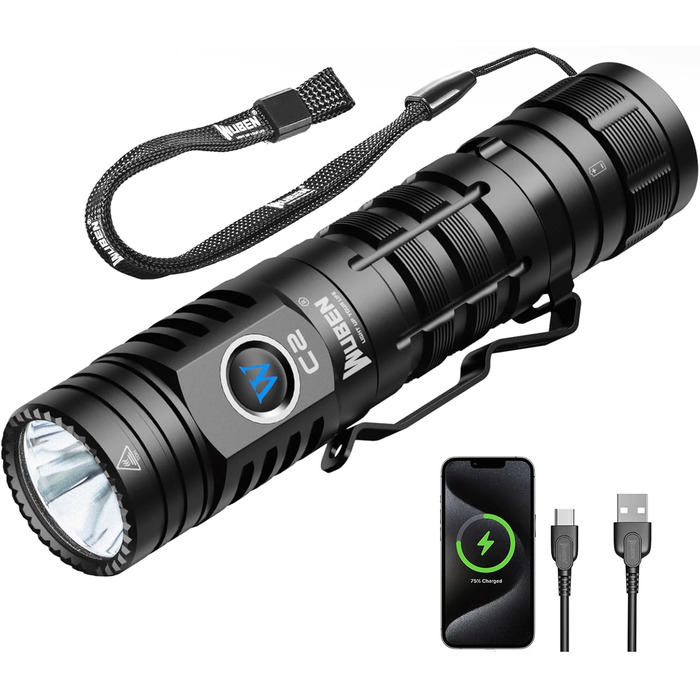 Ліхтарик WUBEN C2 LED: 2000 люмен, USB зарядка, тактичний, водонепроникний IP68, 4800mAh, 7 режимів, 6500K