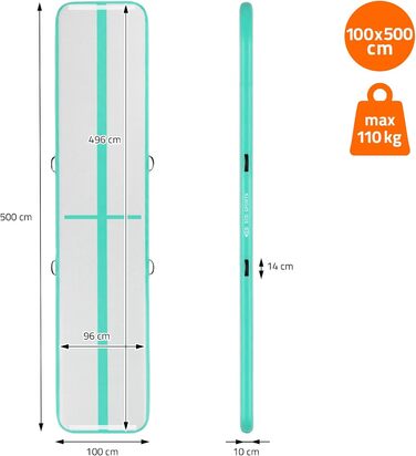 Гімнастичний мат Airtrack ECD Germany для тумблінгу та фітнесу, надувний мат для гімнастики 500x100x10 см, м'ятно-зелений, з електричним насосом та сумкою