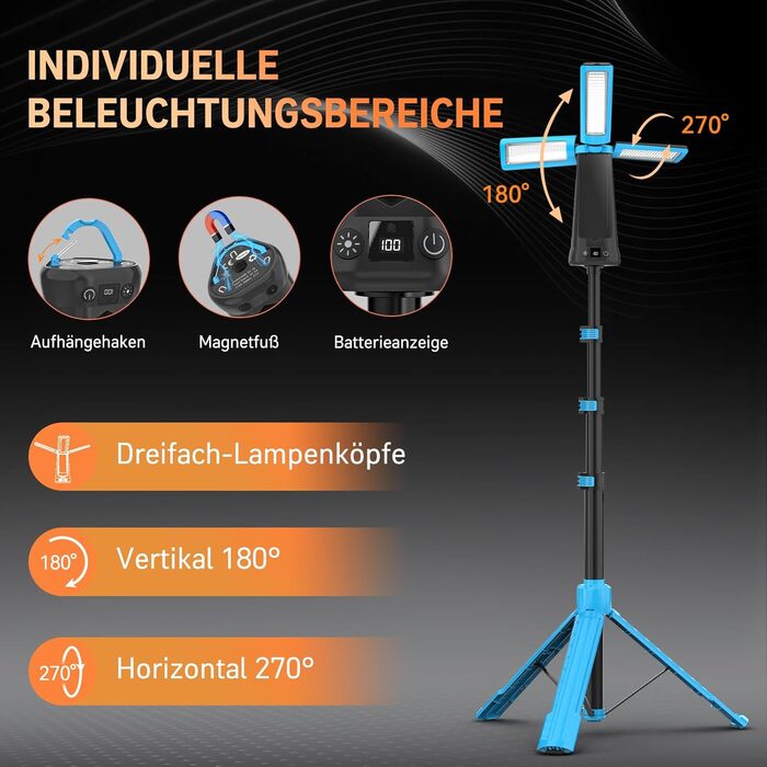 Портативна LED кемпінгова лампа 15000mAh з регулюванням яскравості, штативом, IP65, для кемпінгу, подорожей, будівництва та надзвичайних ситуацій, блакитна