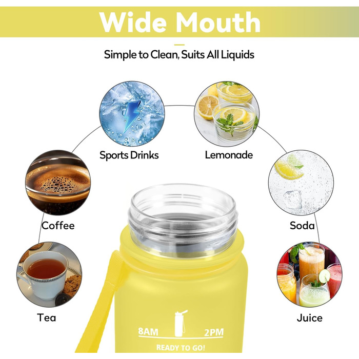 Спортивна пляшка для води 1л з маркуванням часу, фільтром, для напоїв з газом, без витоку, для велосипеда, бігу, дорослих (жовто-королівсько-блакитна)