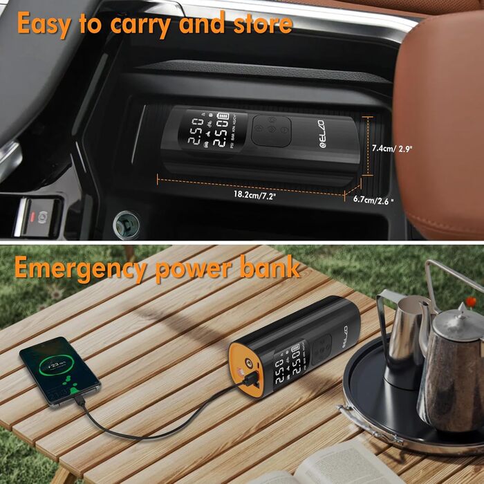 Електричний компресор ELZO для велосипедів, м'ячів та авто: 150 PSI, 7500mAh, LCD-дисплей, автостоп