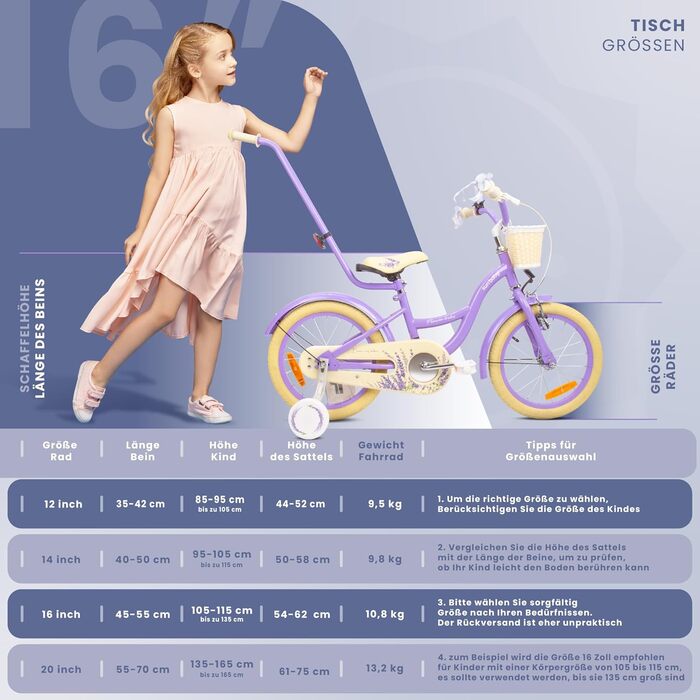 Дитячий велосипед Sun Baby Flower для дівчаток 2-6 років, знімна штанга, різні розміри коліс