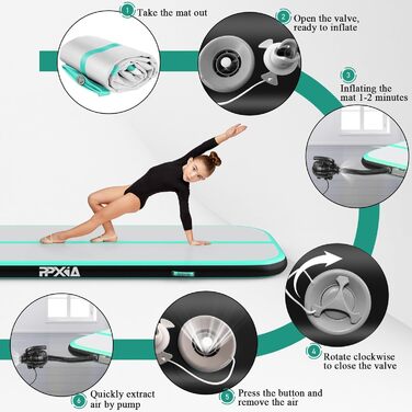 Гімнастична мат Air Matte Track 3M/4M/5M/6M, мат для стрибків та гімнастики 10/20см заввишки з повним аксесуаром, надувна гімнастична мат для дому та вулиці, йога (М'ятно-чорний, 400*100*10см)