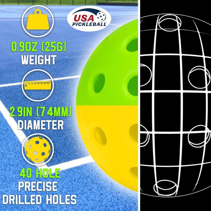 Набір м'ячів для піклболу Outdoor, 40 отворів, для спортивних ігор, висока пружність, довговічні, сумісні з усіма ракетками (12 шт, жовті)