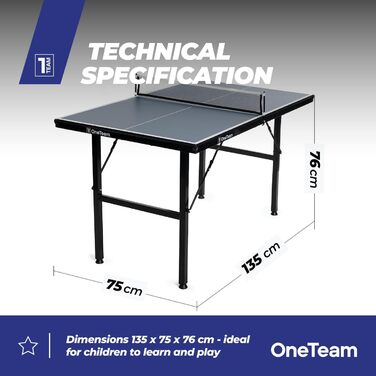 Стол для пінг-понгу OneTeam для гри в приміщенні з сіткою та складними панелями, 2 відділення для м'ячів та ракеток, транспортні ролики з фіксацією (OT-MTI-01)