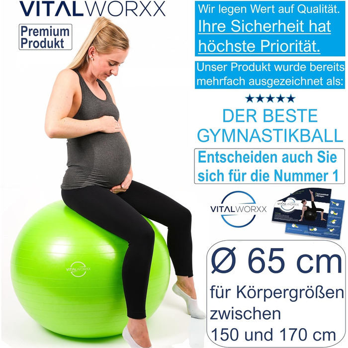 Гімнастичний м'яч для вагітних VITALWORXX 65 см, зелений, надміцний, йога м'яч із насосом та вправами для вагітності й пологів