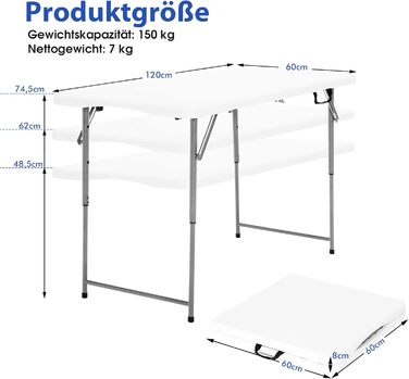 Складний стіл для кемпінгу COSTWAY, регульована висота, 120x60x74.5 см, з ручкою для перенесення - для пікніка, весіль, вечірок