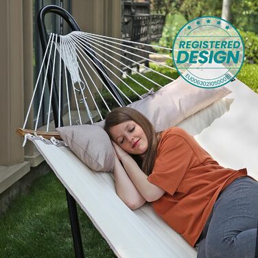 Гамак SONGMICS для 2 осіб з подушкою, сірий-бежевий, 200 x 140 см, до 225 кг, з бамбуковими стійками