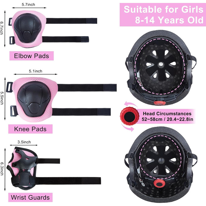 Дитячий шлем для велосипеда та роликів з захисним комплектом для дівчаток 8-14 років, рожевий, розмір M (52-58 см)
