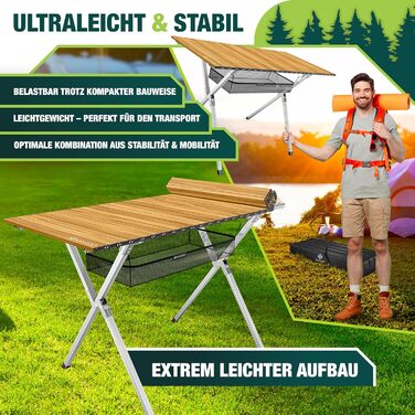 Кемпінговий стіл KESSER® розкладний, з алюмінієвим каркасом, регулювання висоти, 120x70 см, до 100 кг, з сумкою та сітчастою кишенею, з імітацією дерева (145x70 см)