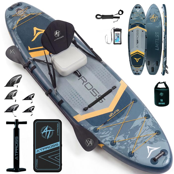 SUP дошка для плавання 366x92 см, сіро-помаранчева, до 240 кг - набір з сидінням та аксесуарами для йоги, риболовлі та серфінгу