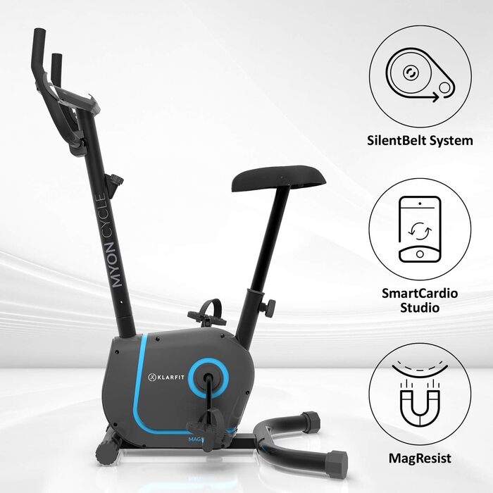 Велотренажер KLAR FIT Myon Cycle з маховиком 12 кг, ремінний привід SilentBelt, 8 рівнів навантаження, вимірювач пульсу, регульована висота сидіння, підставка для планшета, білий (чорний)