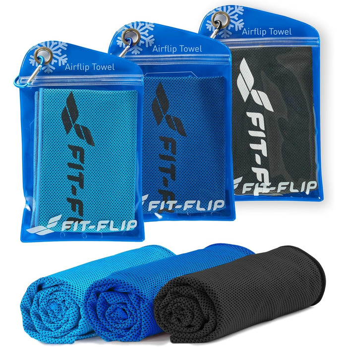 Набір охолоджуючих рушників Fit-Flip 3 шт. – для фітнесу та спорту – мікрофібра, охолодження шиї – Airflip, Cool Ice Towel – 100x30 см, 3 шт. (синій, блакитний, чорний)