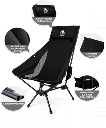 OneTigris TIGERBLADE складаний туристичний стілець з високою спинкою, 170 кг, легкий, з трикутним каркасом, з 2 кишенями, для відпочинку на природі, риболовлі, пікніків (Чорний)