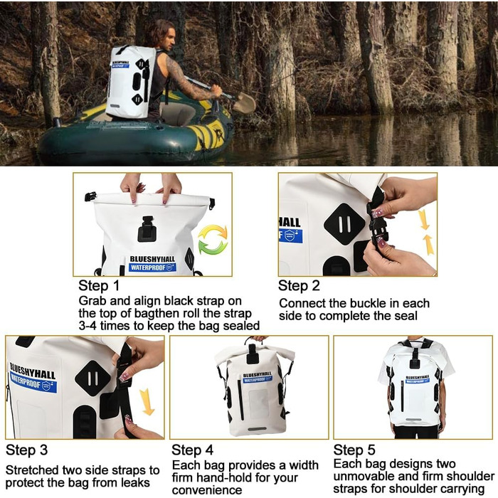 Водонепроникний рюкзак Blueshyhall - містка сумка, спортивна торба, Dry Bag, ролтоп - для водних видів спорту, кемпінгу (білий, 35 л)