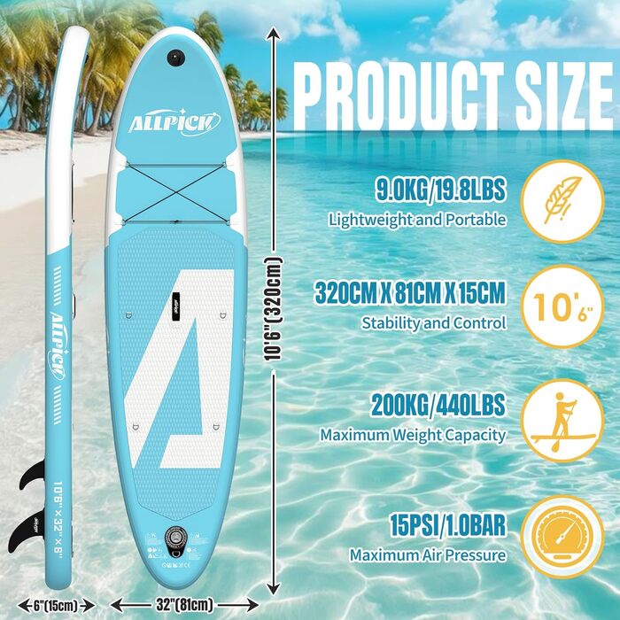 Надувна SUP-дошка ALLPICK Premium з повним комплектом, універсальним кріпленням для камери, регульованим веслом, для початківців і досвідчених, вантажопідйомність 180 кг