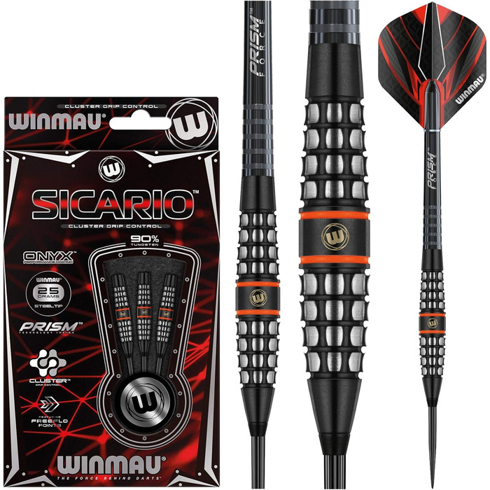 Дротики WINMAU Sicario 25 г, професійні, вольфрамові, з металевим вістрям, набір з оперенням і хвостовиками