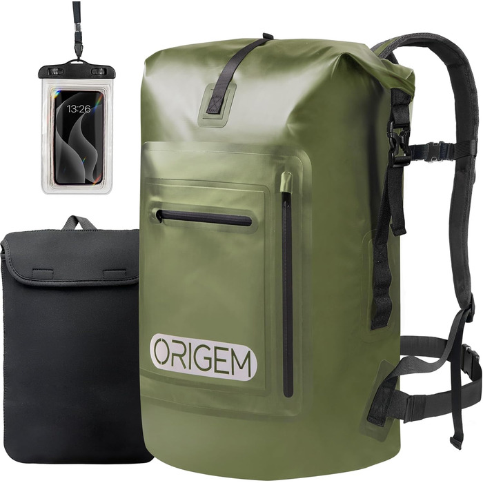 Водонепроникний рюкзак Origem 35/85L Rolltop, 55L, Dry Bag з відділенням для ноутбука, для каякінгу, риболовлі, рафтингу, дайвінгу та повсякденного використання (армійний зелений)