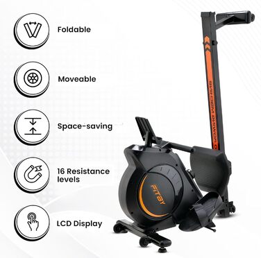 Гребний тренажер Fitby для дому - складаний, з магнітним опором, 16 рівнів навантаження, LCD-дисплей, до 150 кг, чорний