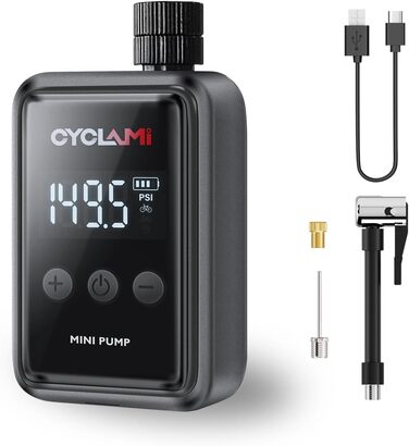 Електричний велосипедний насос CYCLAMI з цифровим манометром, 150 PSI, акумуляторний, підходить для Presta і Schrader, для шосейних і гірських велосипедів