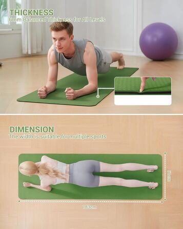 Килимок для гімнастики, йоги та фітнесу: тренувальний мат з неслизькою поверхнею 183 x 61 x 0.6 см (зелений/чорний)