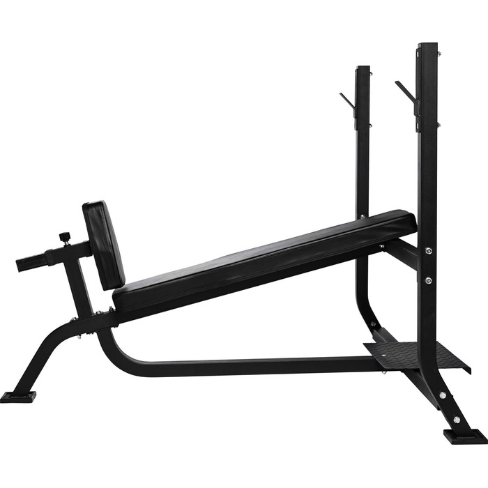 Лава для жиму GORILLA SPORTS® з регульованою спинкою, гантельною стійкою, 6 положень, 165x128x121 см, до 280 кг, гумові ніжки, чорна – тренувальна лавка для фітнесу та жиму лежачи