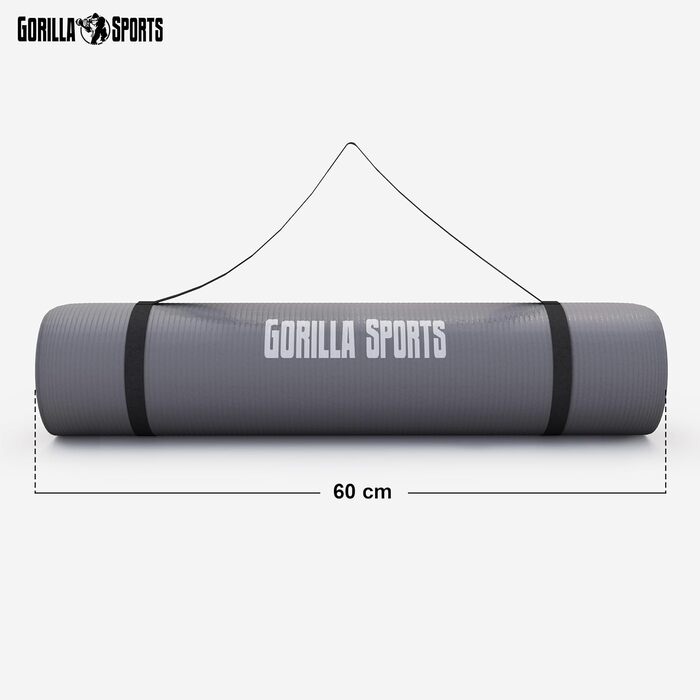 Фітнес-мат для йоги GORILLA SPORTS 190x60x1,5 см, сірий, нековзний, без фталатів, з ременем для перенесення