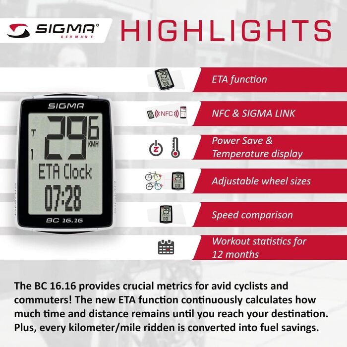 Велокомп'ютер Sigma Sport BC 16.16 STS CAD, 16 функцій, бездротовий, чорний, з індикатором прибуття