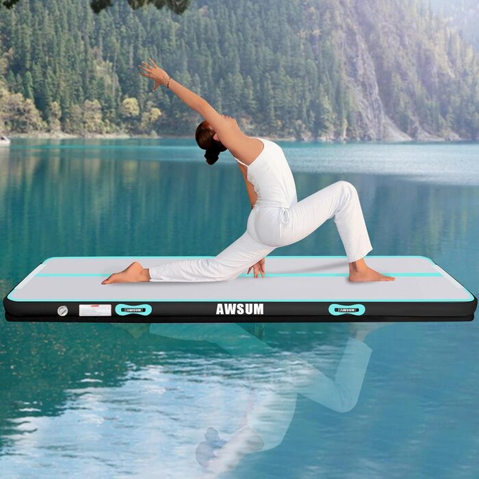 AWSUM Надувний гімнастичний мат, 2/3/4/5/6м, 10/20см, для йоги, фітнесу, дому, на вулицю, з насосом, Mint Green/Black