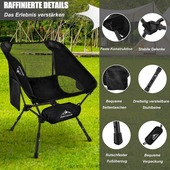 Складний туристичний стілець IEEILULU, 130 кг, чорний. Легкий стілець для кемпінгу, пікніка, риболовлі, відпочинку на природі та подорожей.