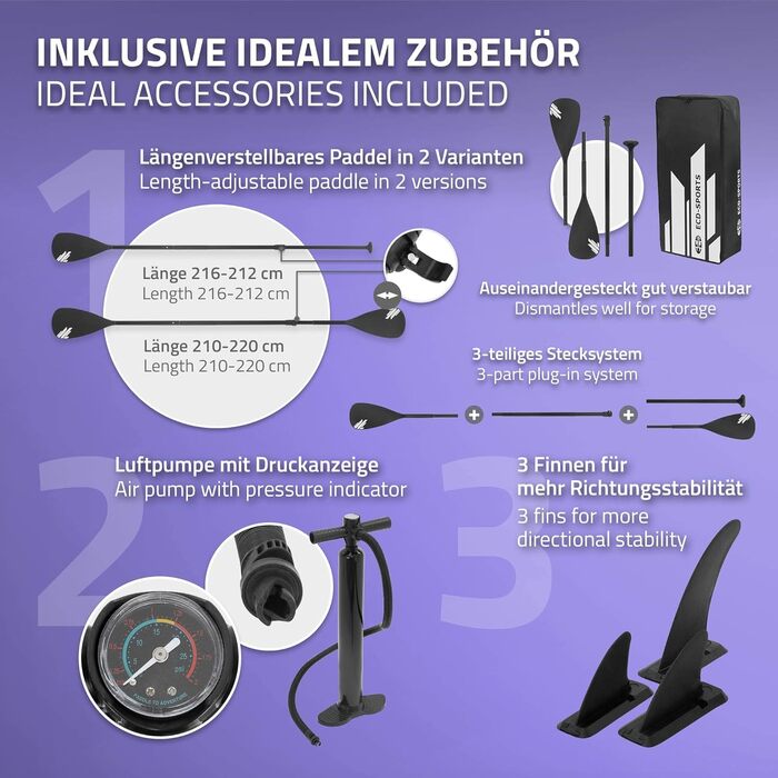 Надувний SUP Борд ECD Germany для каякінгу, 305-380 см, до 120/150 кг, 10/15 см товщина, комплект з каяком, сумкою та веслом (різні моделі) - Чорний