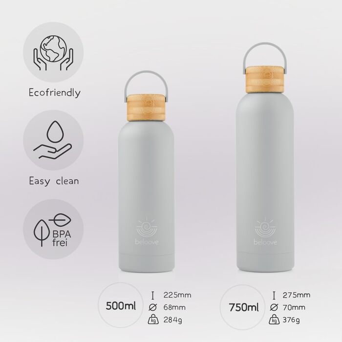 Термобутилка beloove з нержавіючої сталі, BPA-free, подвійні стінки, не протікає, для газованої води, стійка до подряпин, 500/750 мл