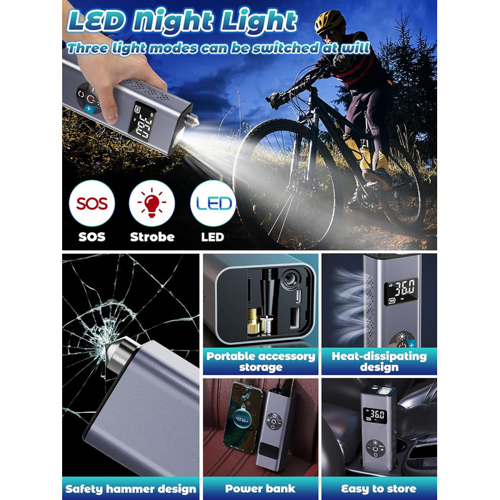 Електричний компресор BIBURY 9000mAh, 150 PSI, портативний насос для авто, мото, велосипедів і м'ячів з LED-дисплеєм та ліхтарем
