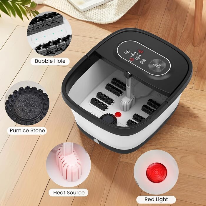 Електрична ванночка для ніг Snailax з масажем та підігрівом, 14 режимів нагріву, ролики Shiatsu, бульбашки, червоне світло, таймер, складна, чорна