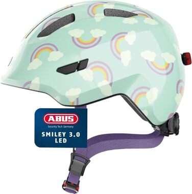 Дитячий велосипедний шолом ABUS Smiley 3.0 LED, глибока посадка, світлодіодна підсвітка, для малюків, місце для хвостика, унісекс, розмір M (50-55 см), блакитний (blue rainbow), безпечний і яскравий дизайн