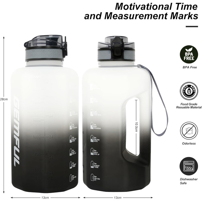 Спортивна пляшка для води GEMFUL 2.2L з ручкою та позначками часу - ідеальна для фітнесу та повсякденного використання (Чорний/Білий)
