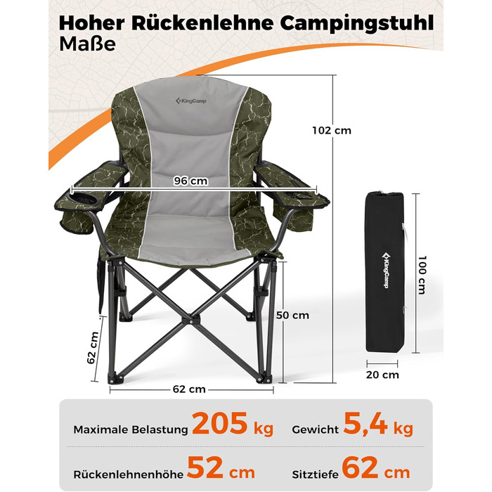 Крісло для кемпінгу KingCamp XXL, розкладне, до 205 кг, чорне. З регульованою спинкою, підсклянником та кишенею для напоїв. Ідеальне для риболовлі та відпочинку на природі.