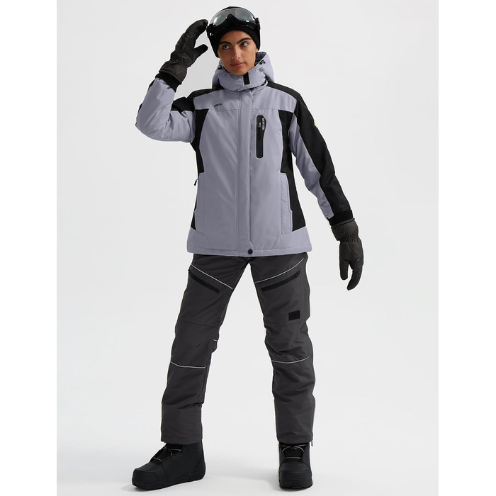 Жіноча лижна куртка GEMYSE: водонепроникна, вітронепроникна, з флісовою підкладкою, для активного відпочинку на снігу (XXL, Чорно-сірий)