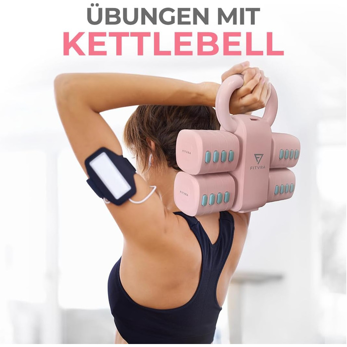 Регульовані гантелі 2 в 1 + гвинтівка (kettlebell) – Набір гантелей для жінок, Рожеві, короткі гантелі 1–3 кг & гвинтівка 2,5–6,5 кг, з 3 еластичними стрічками та інструкцією