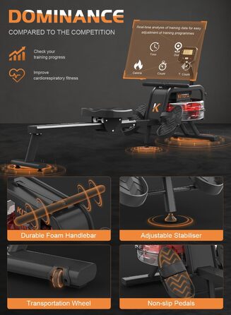 Гребний тренажер Kitopa для дому з Bluetooth-монітором, підставкою для планшета, водним опором, витримує до 150 кг, вертикальне зберігання, сумісний з додатком Kinomap