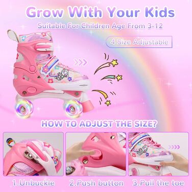 Роликові ковзани для дітей з LED підсвічуванням, регульовані, зручні та дихаючі, квад ковзани для дівчаток та хлопчиків, початківців (рожеві, L(39-42))