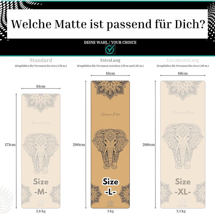 Кікура Йога-мат з корку та натурального каучуку з мотивом слона – Нековзна преміум-мат, 4 мм товщина, з ремінком для перенесення – Екологічна, у 3 розмірах (M, L, XL) (L - Мат - 200x61x0,4 см)