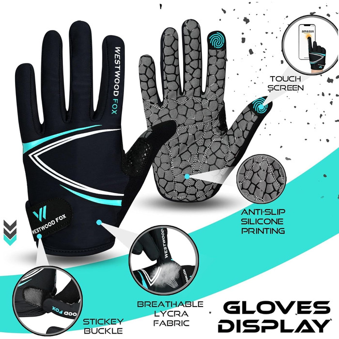 Велосипедні рукавички WESTWOOD FOX з посиленням, антиковзні, для сенсорного екрану, амортизуючі, для гірського велосипеда, шосе, перегонів, їзди та спорту, для чоловіків та жінок, розмір L, блакитний