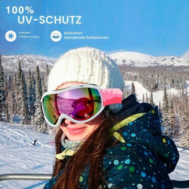 Лижна маска FMY для сноуборду OTG, протизапотіюча з UV400 захистом для чоловіків, жінок та підлітків (біла рама, рожеві лінзи)