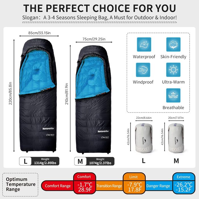 Сплячий мішок Naturehike 750FP, 4-сезонний, теплий зимовий, ультралегкий, компактний, з компресійним мішком для кемпінгу (CW700/Чорний/L)